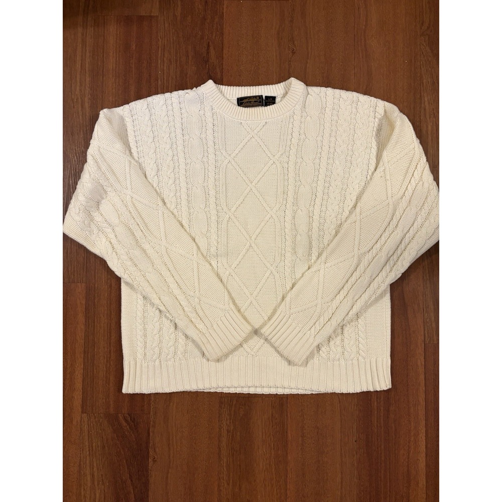 Vintage 90s Eddie Bauer Cable Knit Sweater Men's L Cream Cotton Fisherman